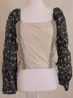 Boho Lace-Trim Square Neck Stretchy Peasant Top Size M